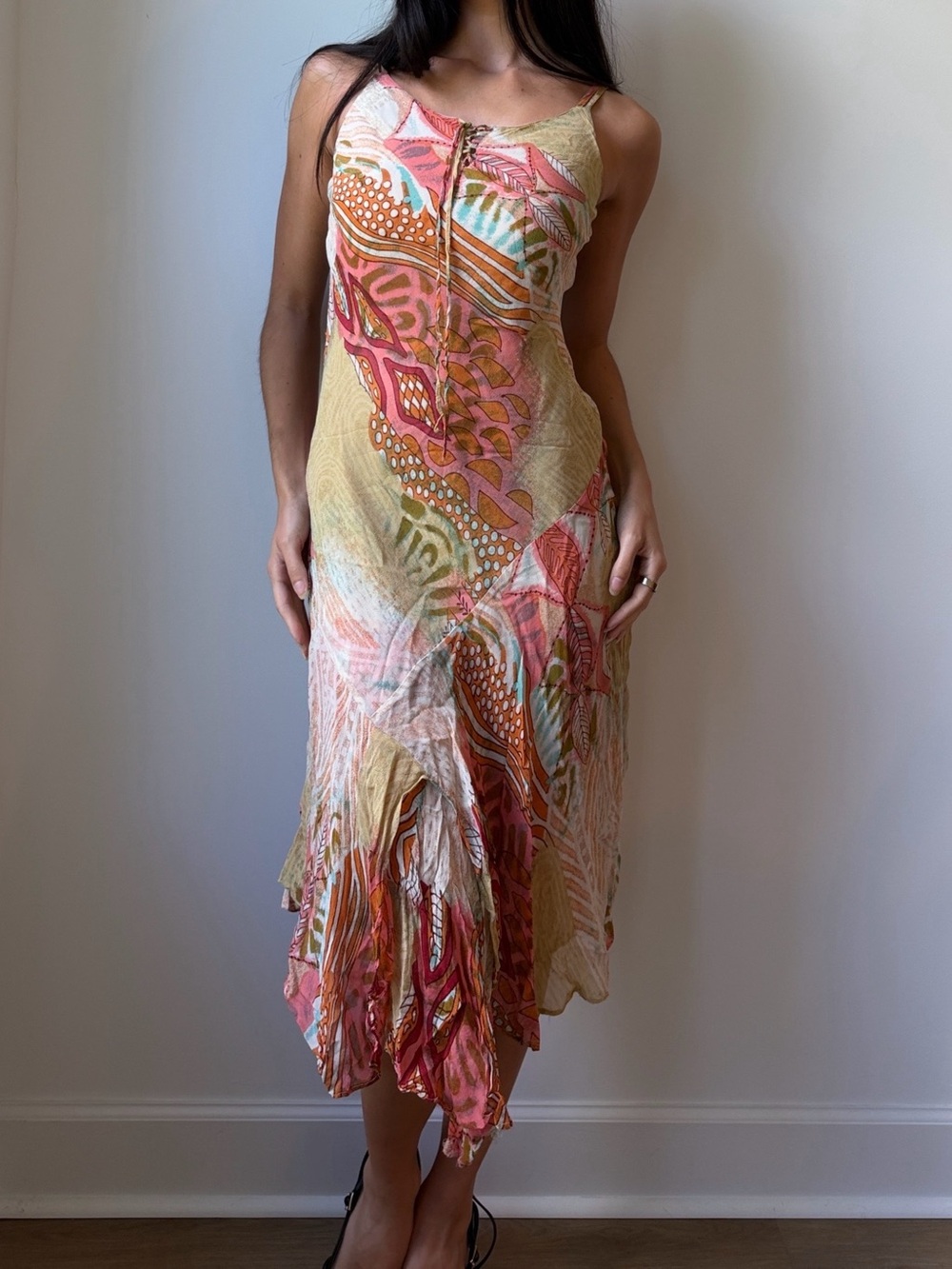 Vintage Pour Nous Les Filles Y2K Multicolor Abstract Patchwork Chiffon Dress